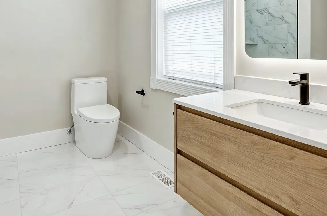 Bathroom remodeling project in Los Angeles featuring modern vanity marble flooring and updated sink with minimalist design
