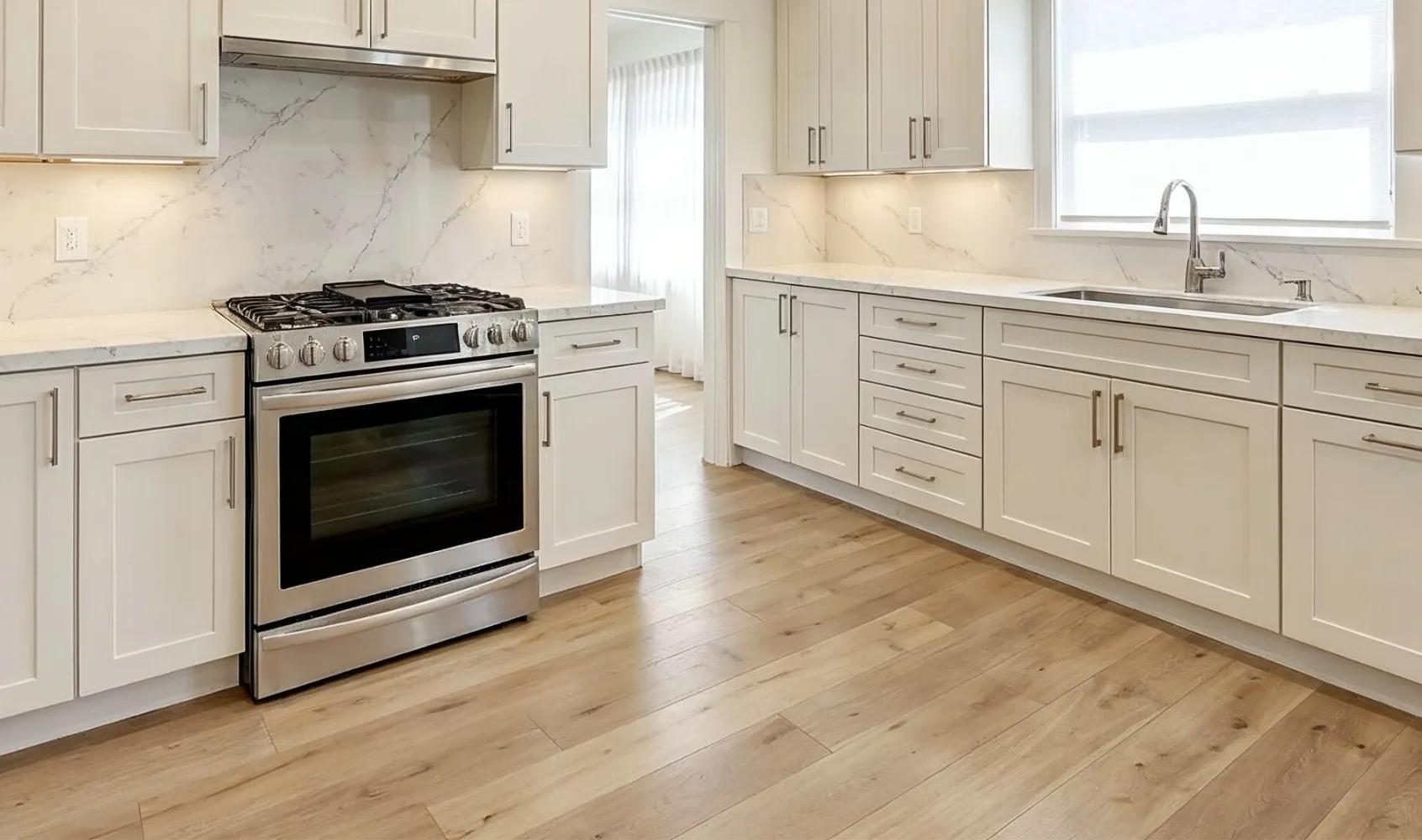 Modern kitchen remodeling project in Los Angeles with white shaker cabinets, quartz countertops, stainless steel appliances, and wood flooring