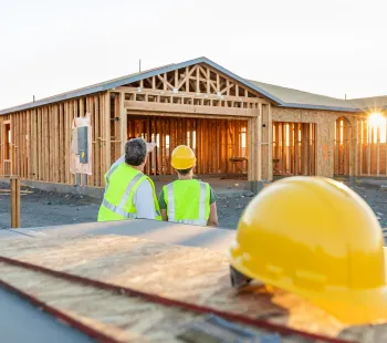 New home construction in Los Angeles showing residential wood framing with carpenters working on structure installation at building site