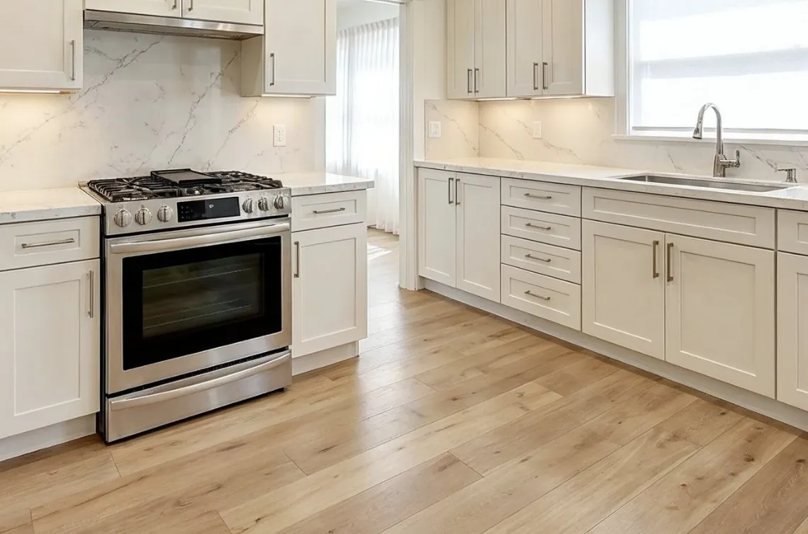 Kitchen remodeling project in Los Angeles with white cabinets quartz countertops stainless steel appliances and wood flooring