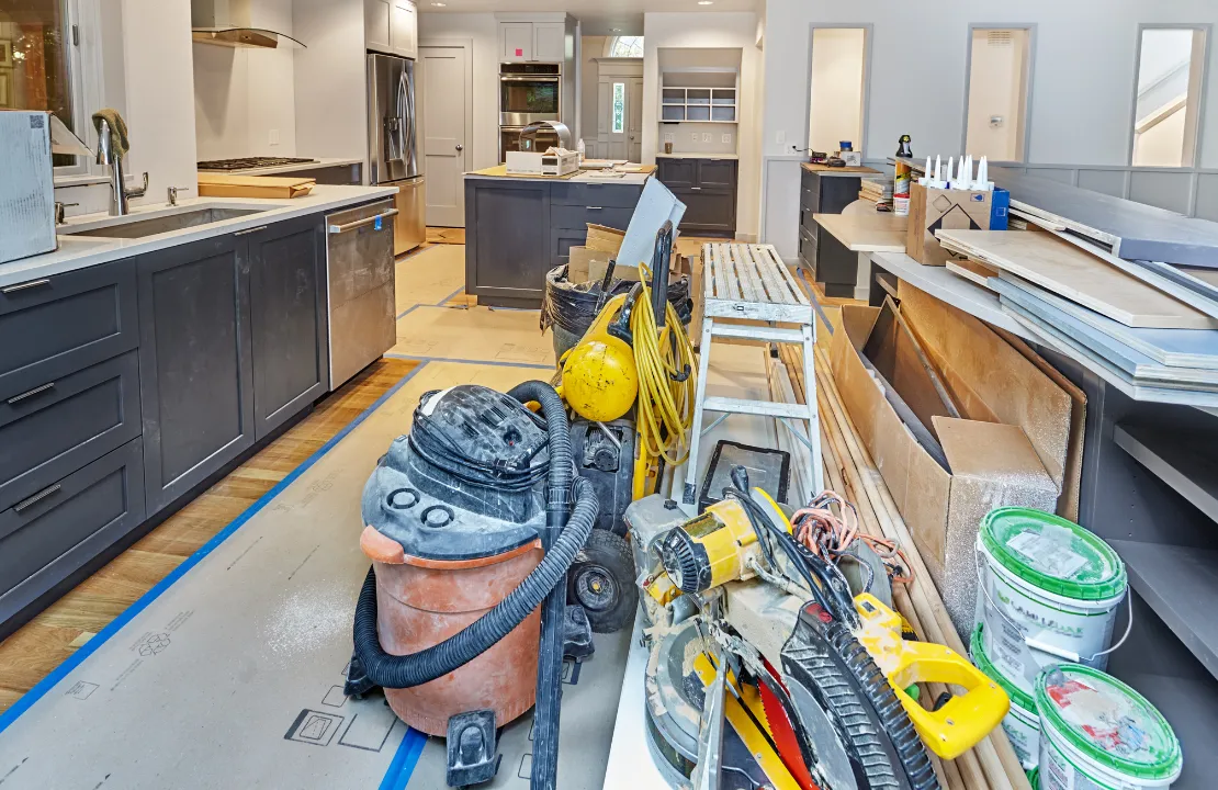Kitchen remodeling project in Los Angeles with modern cabinets installation and construction work in progress